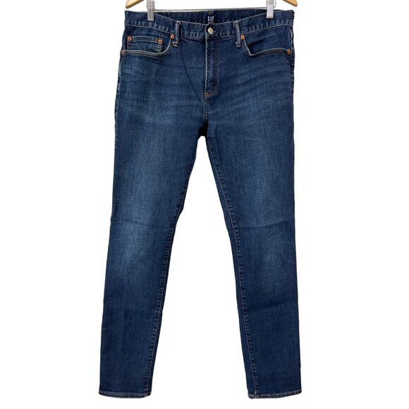 GAP Denim Straight Leg Jeans Mens 34x34 Blue Dark Wash Cotton Blend Work Ranch - Picture 1 of 6